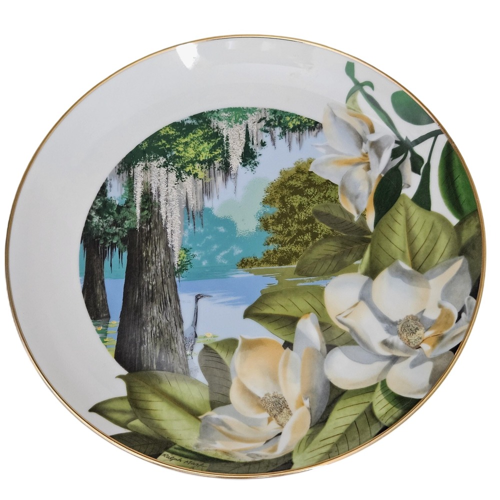 VTG Decorative Plate Royal Windsor Southern Magnolia Wildflowers South Gold Trim